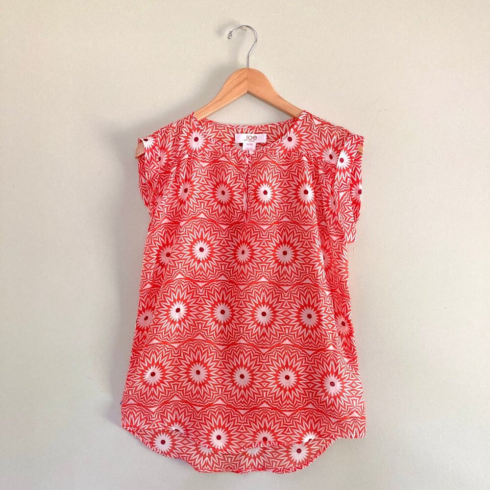 JOE Fresh Silk / Cotton Blouse Mod Floral Red Print Blouse sz XS